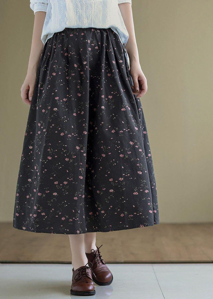 Black Retro Print Linen Summer Skirt