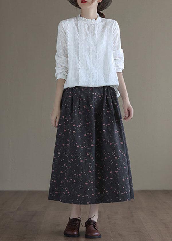 Black Retro Print Linen Summer Skirt