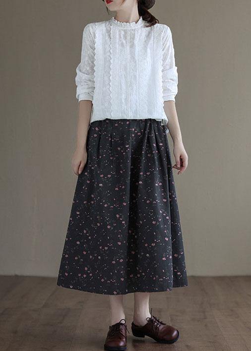 Black Retro Print Linen Summer Skirt