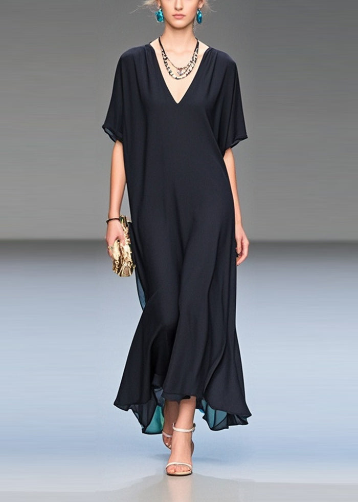 Black V-Neck Draping Chiffon Dress