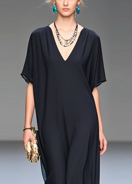 Black V-Neck Draping Chiffon Dress
