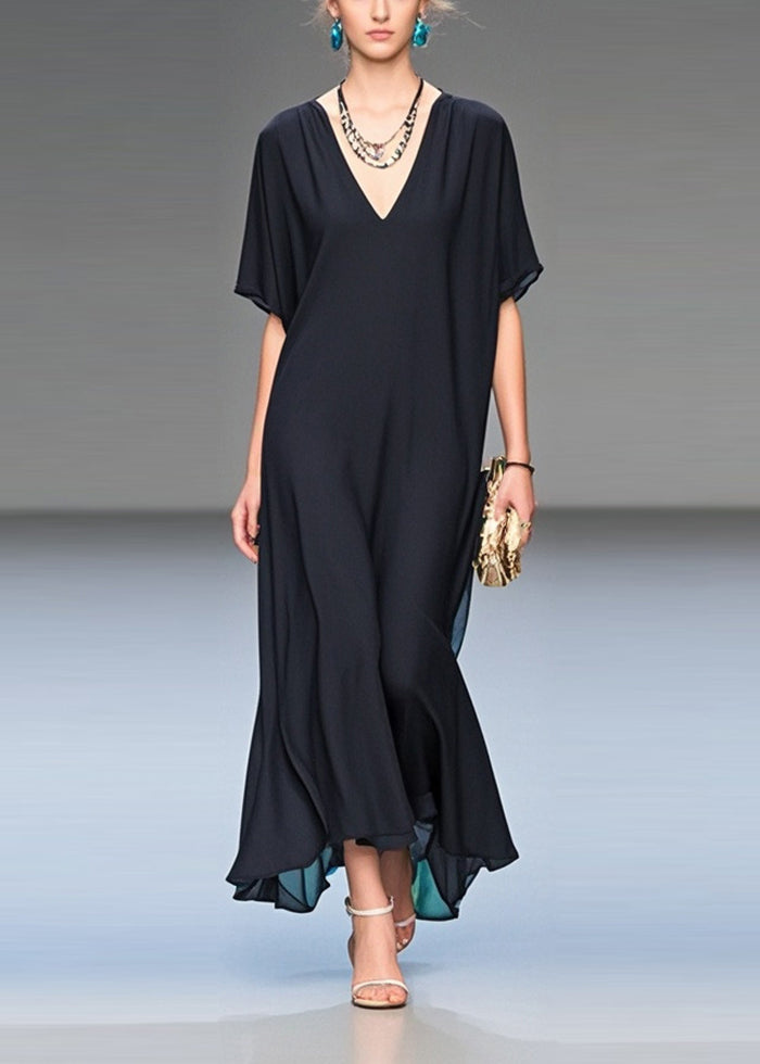 Black V-Neck Draping Chiffon Dress