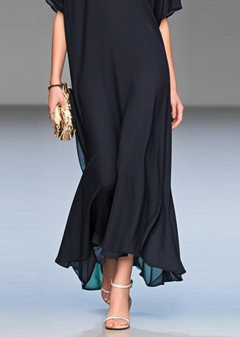 Black V-Neck Draping Chiffon Dress
