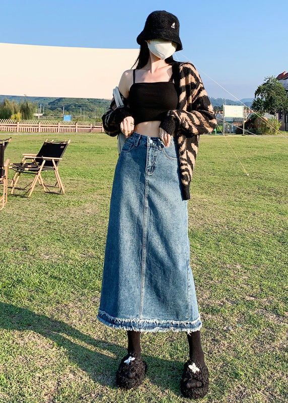 Blue Tasseled High Waist Denim Skirt