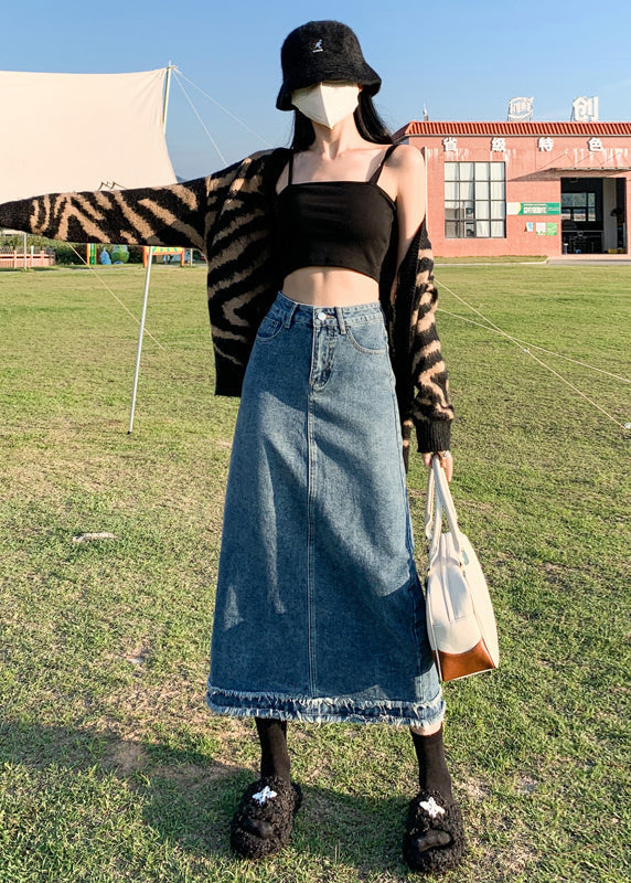 Blue Tasseled High Waist Denim Skirt