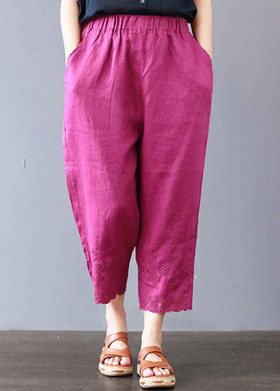 Italienische Rose bestickte Taschen Leinenhose Frühling