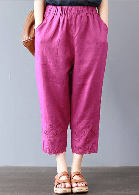 Italienische Rose bestickte Taschen Leinenhose Frühling