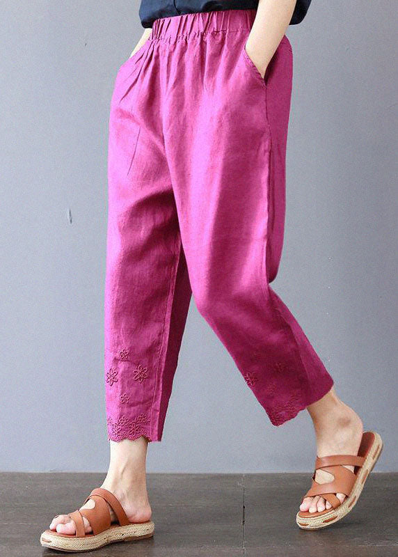 Italienische Rose bestickte Taschen Leinenhose Frühling