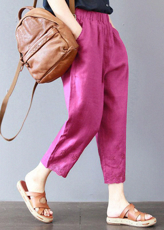 Italienische Rose bestickte Taschen Leinenhose Frühling