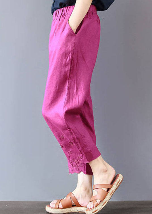 Italienische Rose bestickte Taschen Leinenhose Frühling