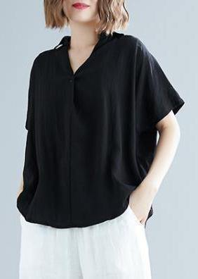 Black Linen V-Neck Button-Down Blouse