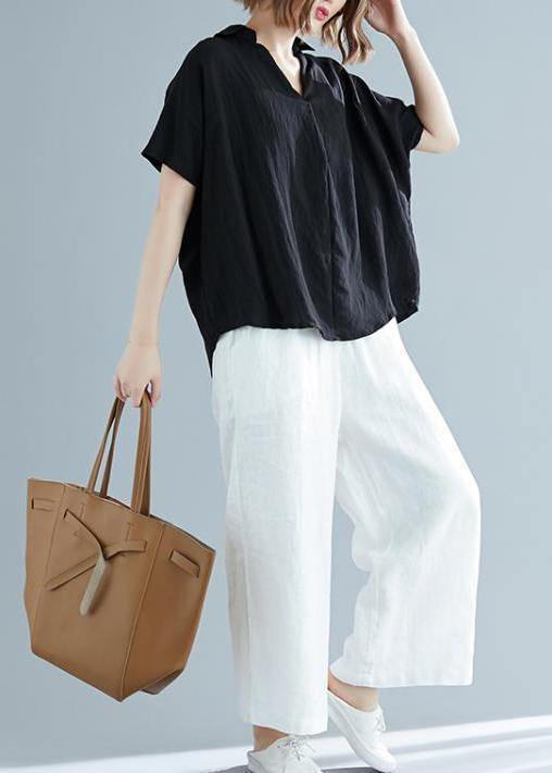 Black Linen V-Neck Button-Down Blouse