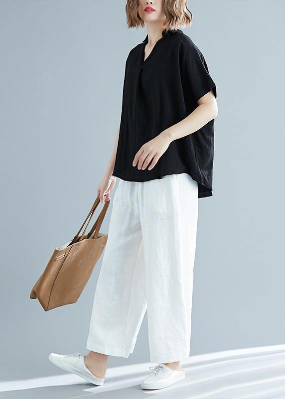 Black Linen V-Neck Button-Down Blouse