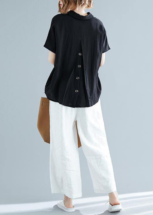 Black Linen V-Neck Button-Down Blouse
