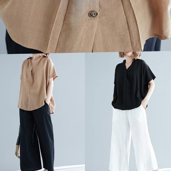 Black Linen V-Neck Button-Down Blouse