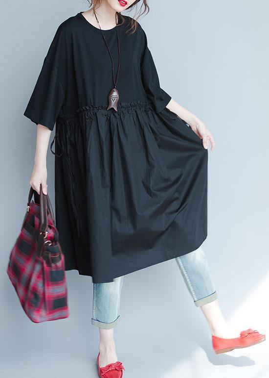Black Linen Quilted Ruffle Dress