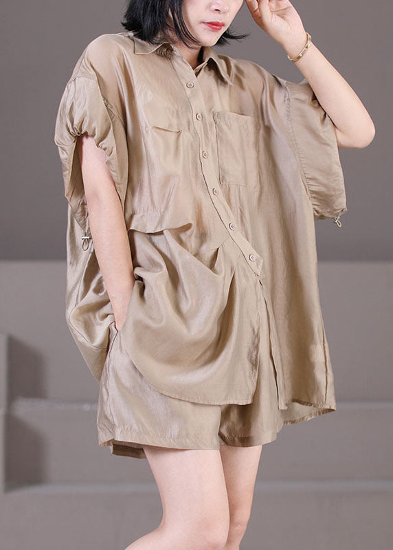 Khaki Silk Drawstring Two-Piece Set