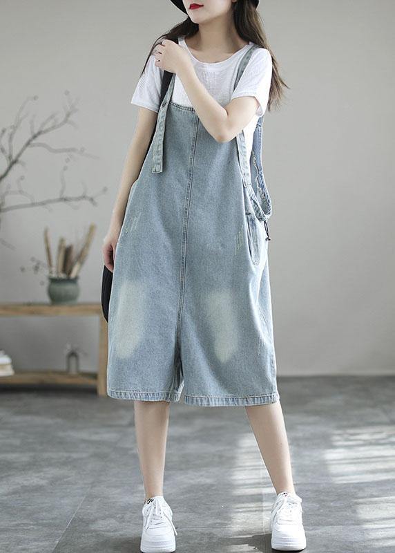 Light Blue Summer Denim Overall Shorts with Loose Pockets in Retro Style