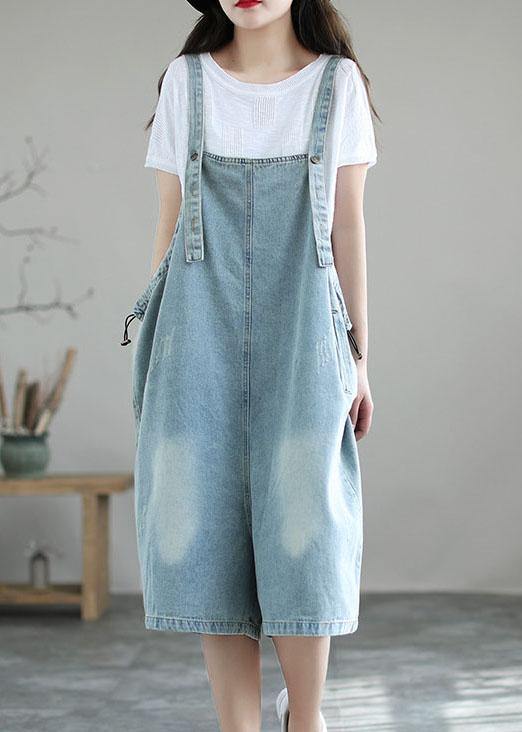 Light Blue Summer Denim Overall Shorts with Loose Pockets in Retro Style