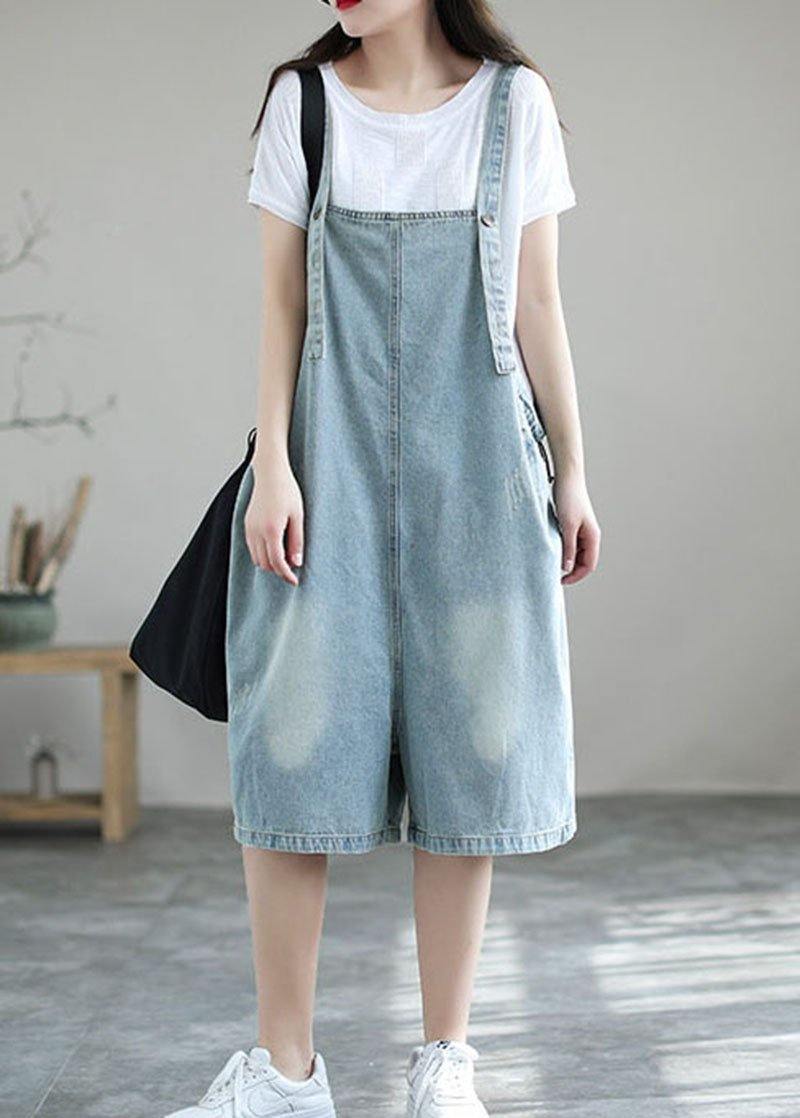 Light Blue Summer Denim Overall Shorts with Loose Pockets in Retro Style