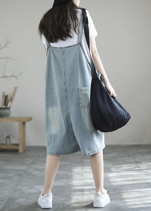 Light Blue Summer Denim Overall Shorts with Loose Pockets in Retro Style
