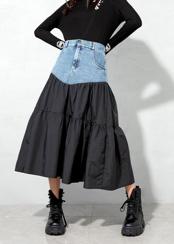 Black Loose Patchwork Denim Skirt