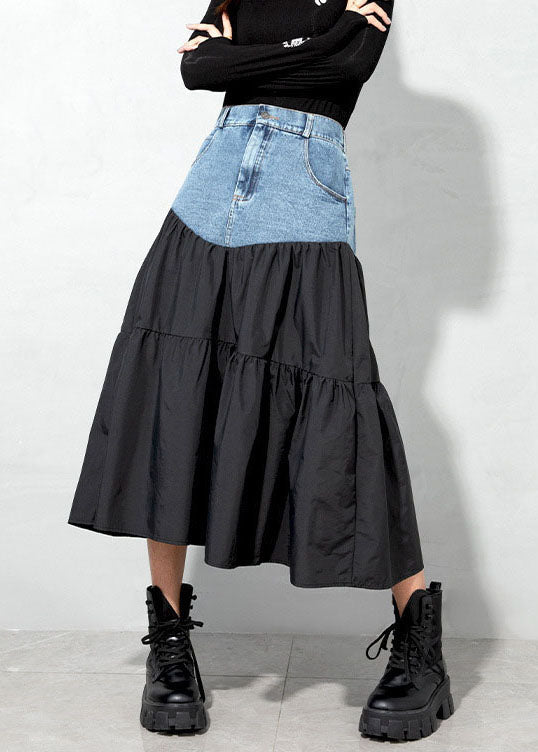 Black Loose Patchwork Denim Skirt