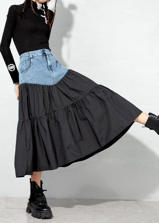 Black Loose Patchwork Denim Skirt