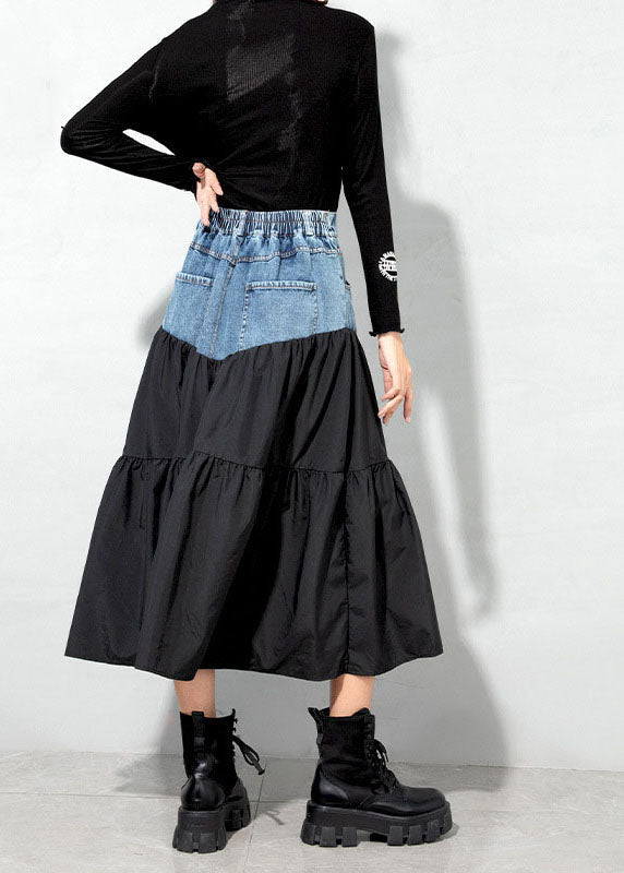 Black Loose Patchwork Denim Skirt