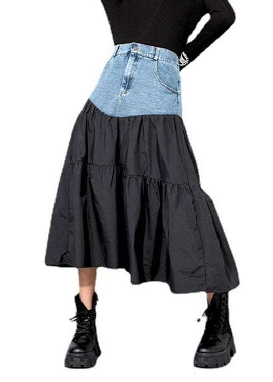 Black Loose Patchwork Denim Skirt