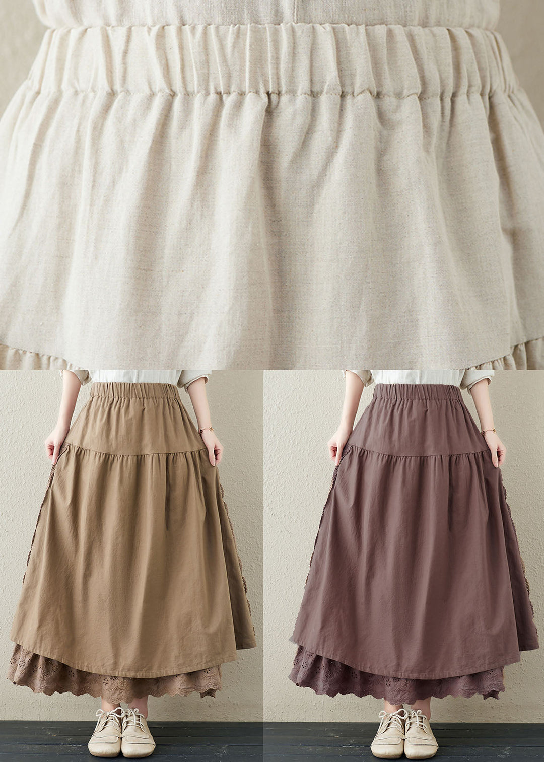 Loose Coffee High Waist Layered Design Leinen A-Linienrock Sommer