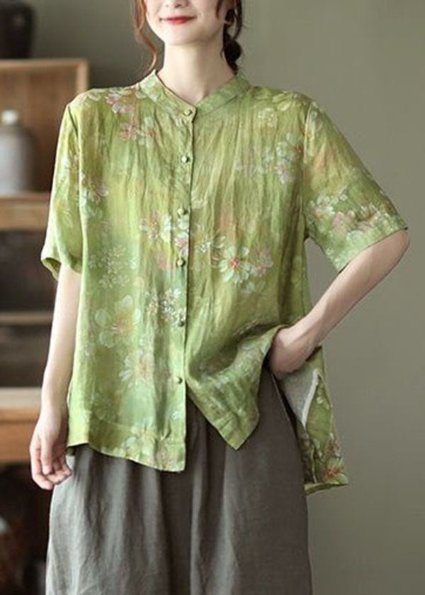 Green Stand Collar Snap Button Top