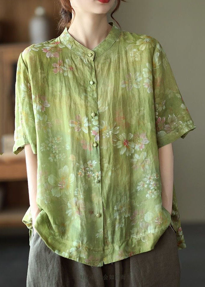 Green Stand Collar Snap Button Top