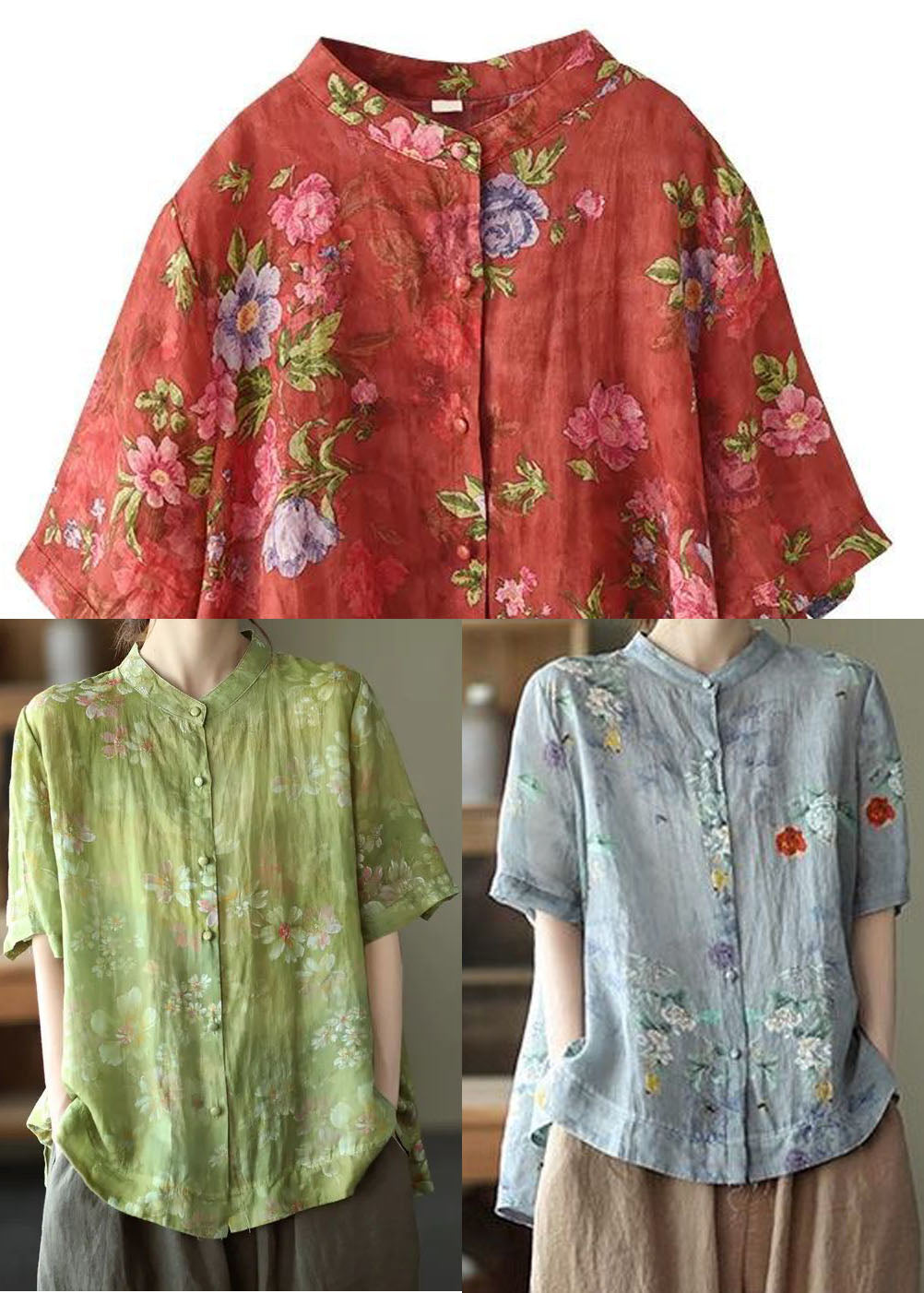 Green Stand Collar Snap Button Top