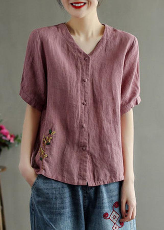 Pink V-Neck Floral Linen Summer Shirt