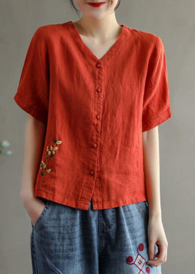 Pink V-Neck Floral Linen Summer Shirt