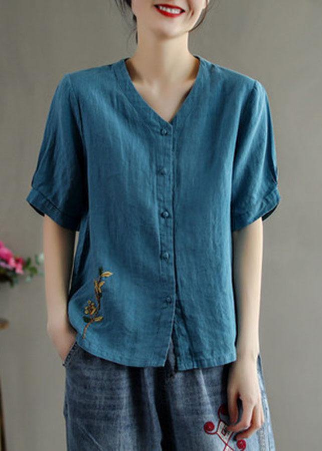 Pink V-Neck Floral Linen Summer Shirt