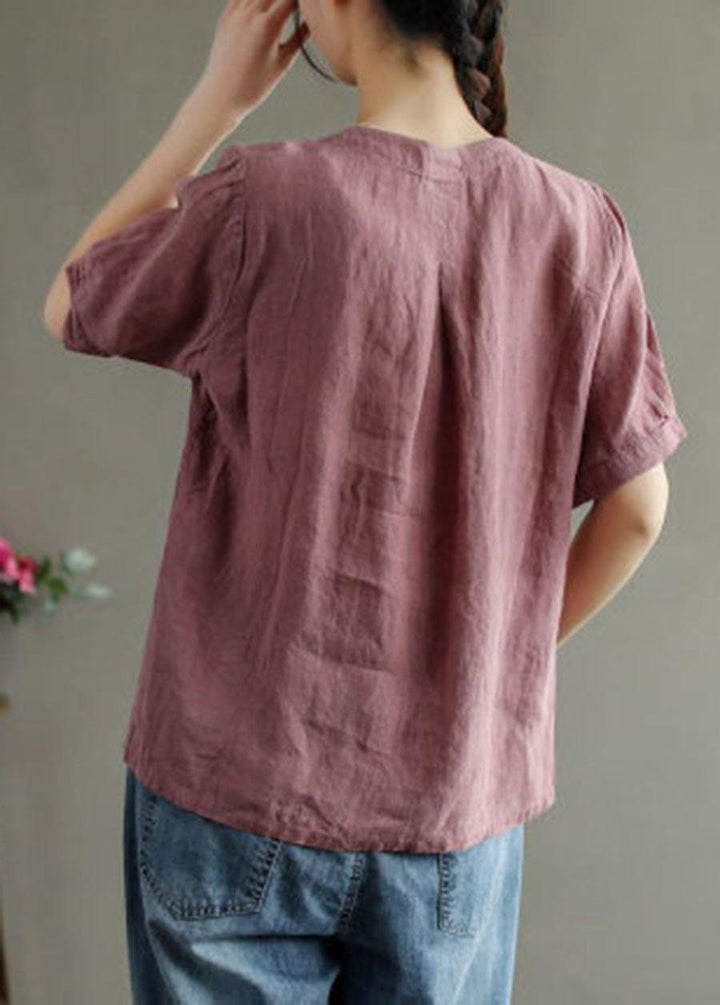 Pink V-Neck Floral Linen Summer Shirt