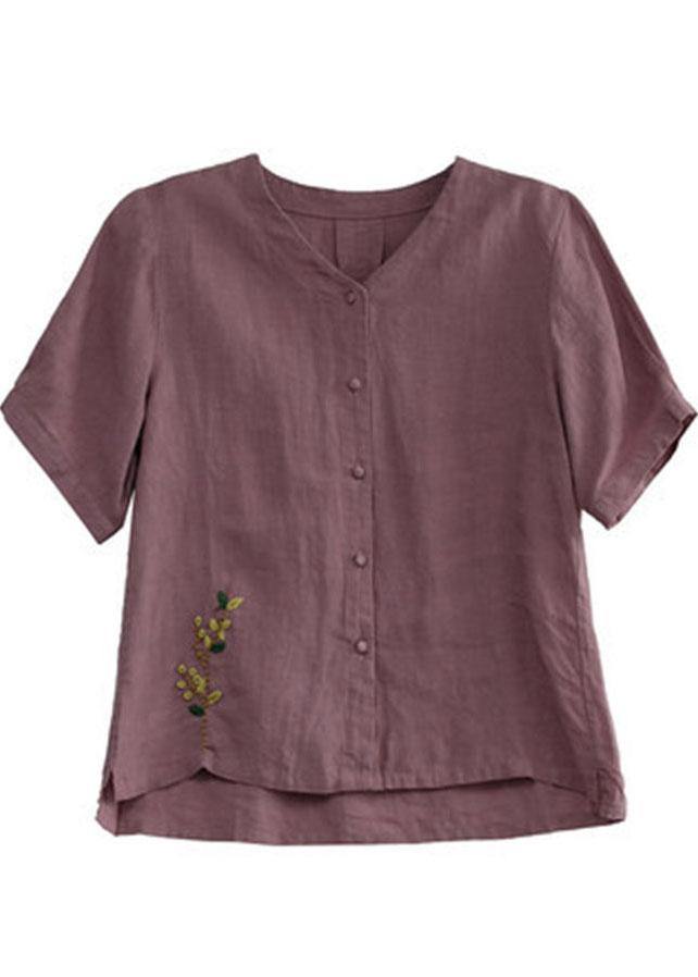 Pink V-Neck Floral Linen Summer Shirt