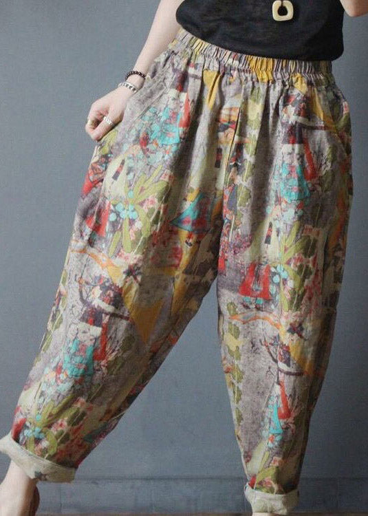 Print Elastic Waist Linen Harem Pants