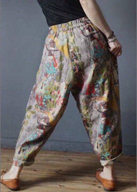 Print Elastic Waist Linen Harem Pants
