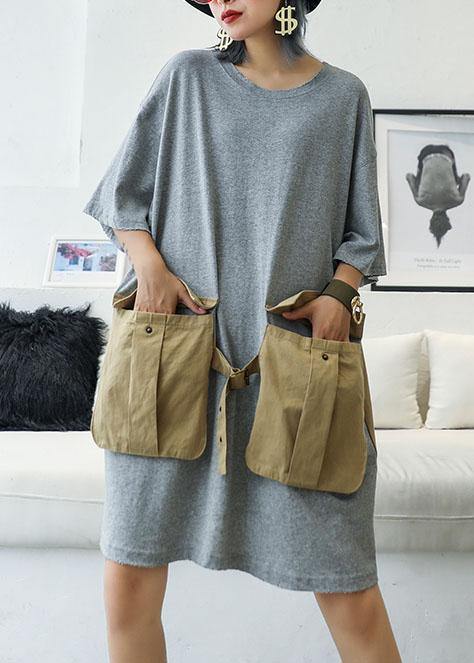 Grey Patchwork Large Pocket Cotton Dress