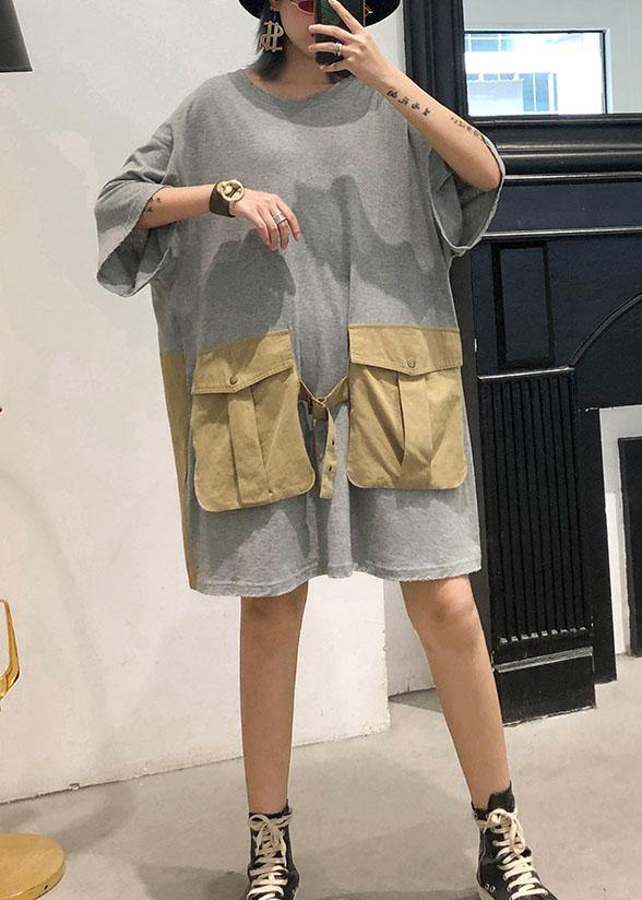 Grey Patchwork Large Pocket Cotton Dress