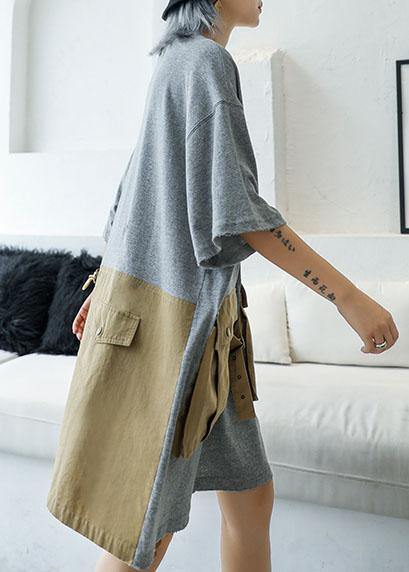 Grey Patchwork Large Pocket Cotton Dress