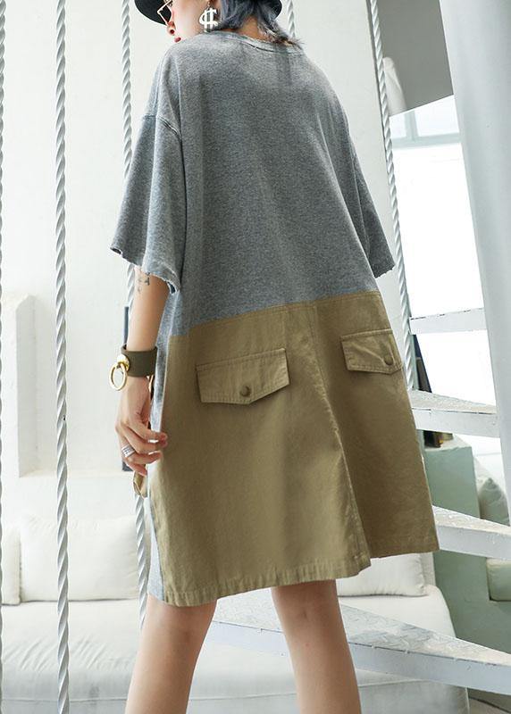 Grey Patchwork Large Pocket Cotton Dress