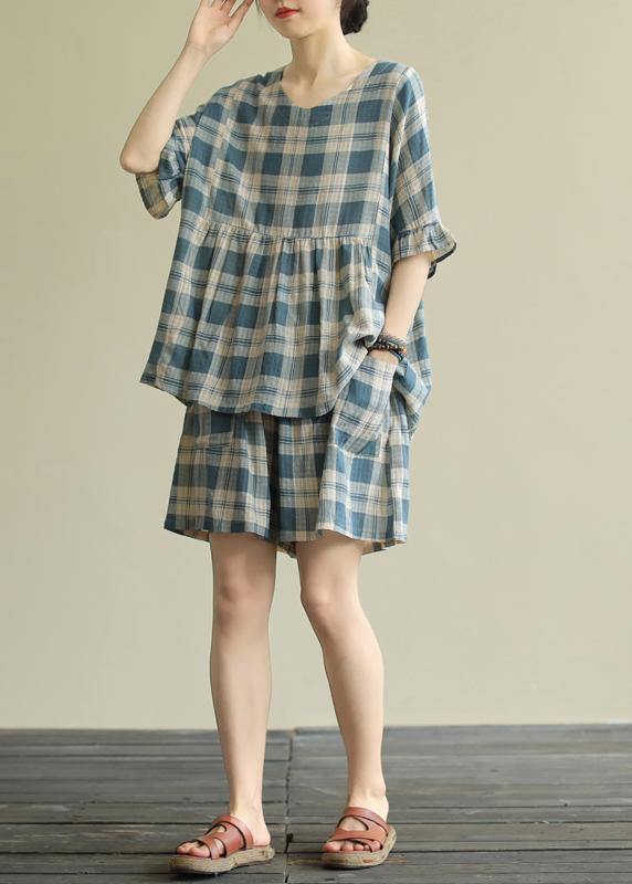 Blue Checked Two-Piece Shorts Set