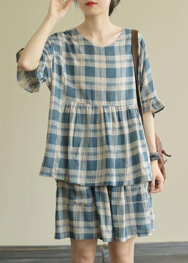 Blue Checked Two-Piece Shorts Set