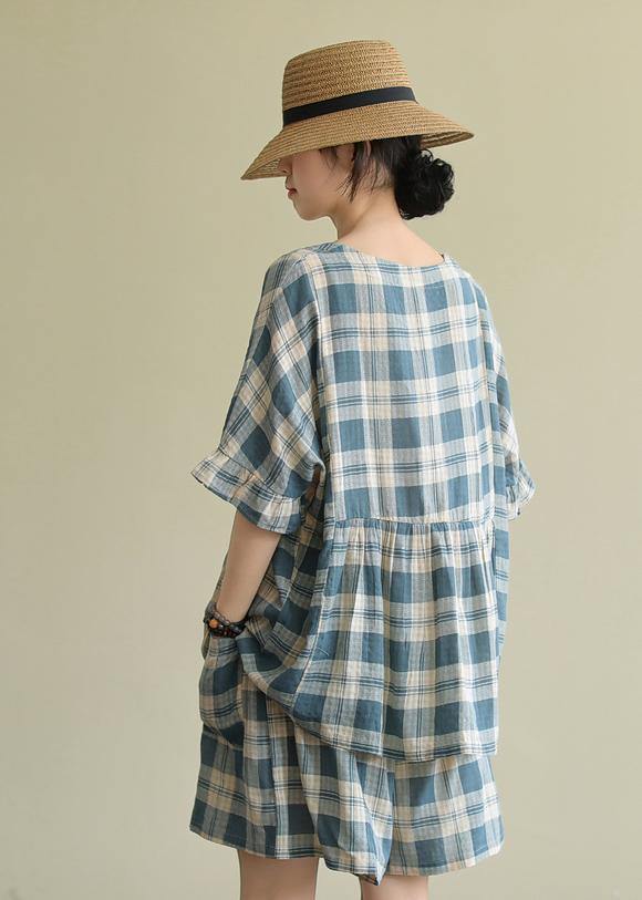 Blue Checked Two-Piece Shorts Set