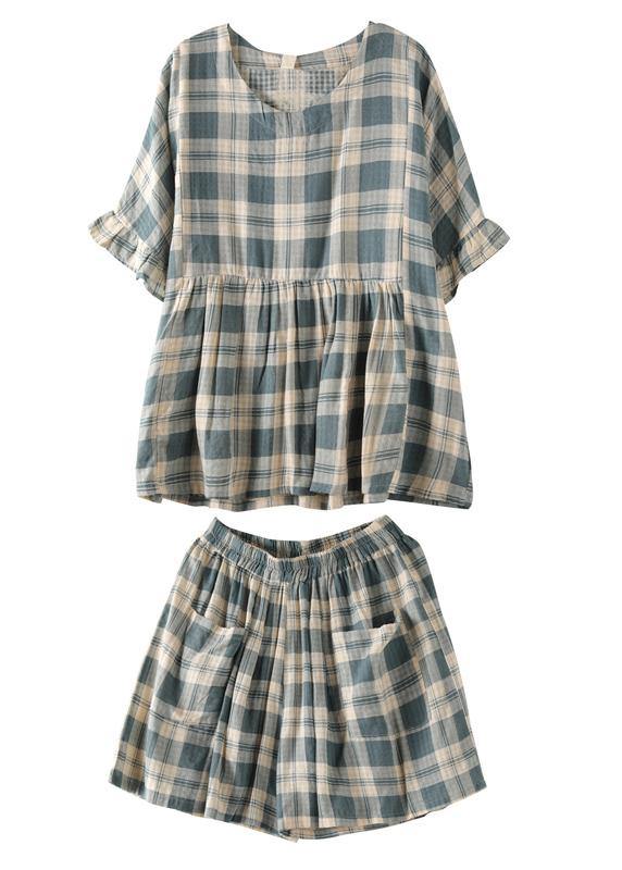 Blue Checked Two-Piece Shorts Set