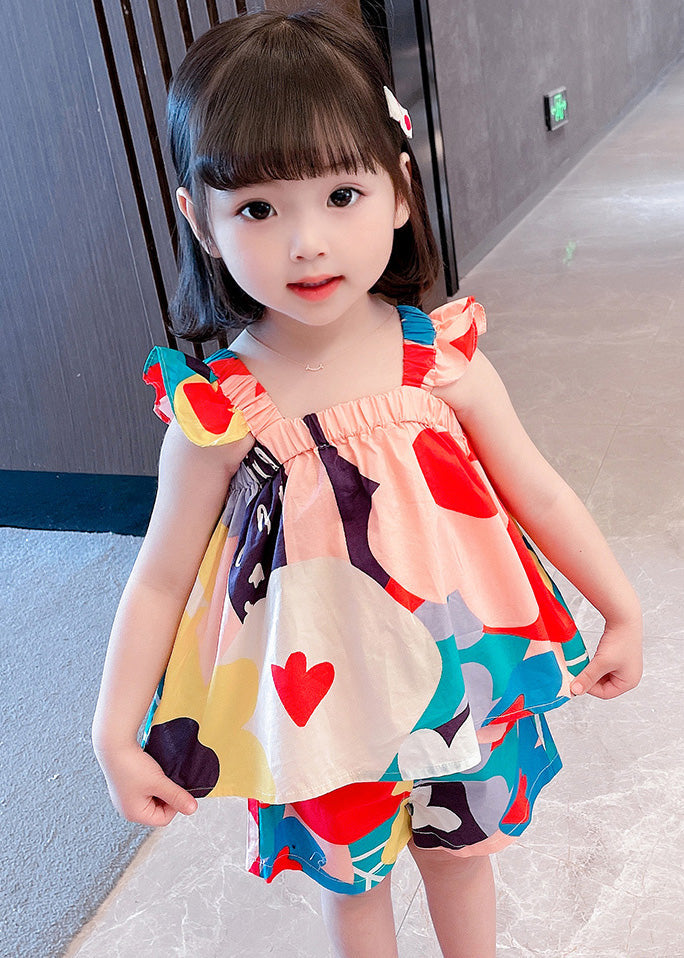 Slash Neck Print Cotton Two-Piece Set